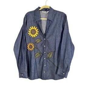 Retro Floral Denim Shirt Blue XL Sunflower Colorful Western Boho Indie Folk Chic
